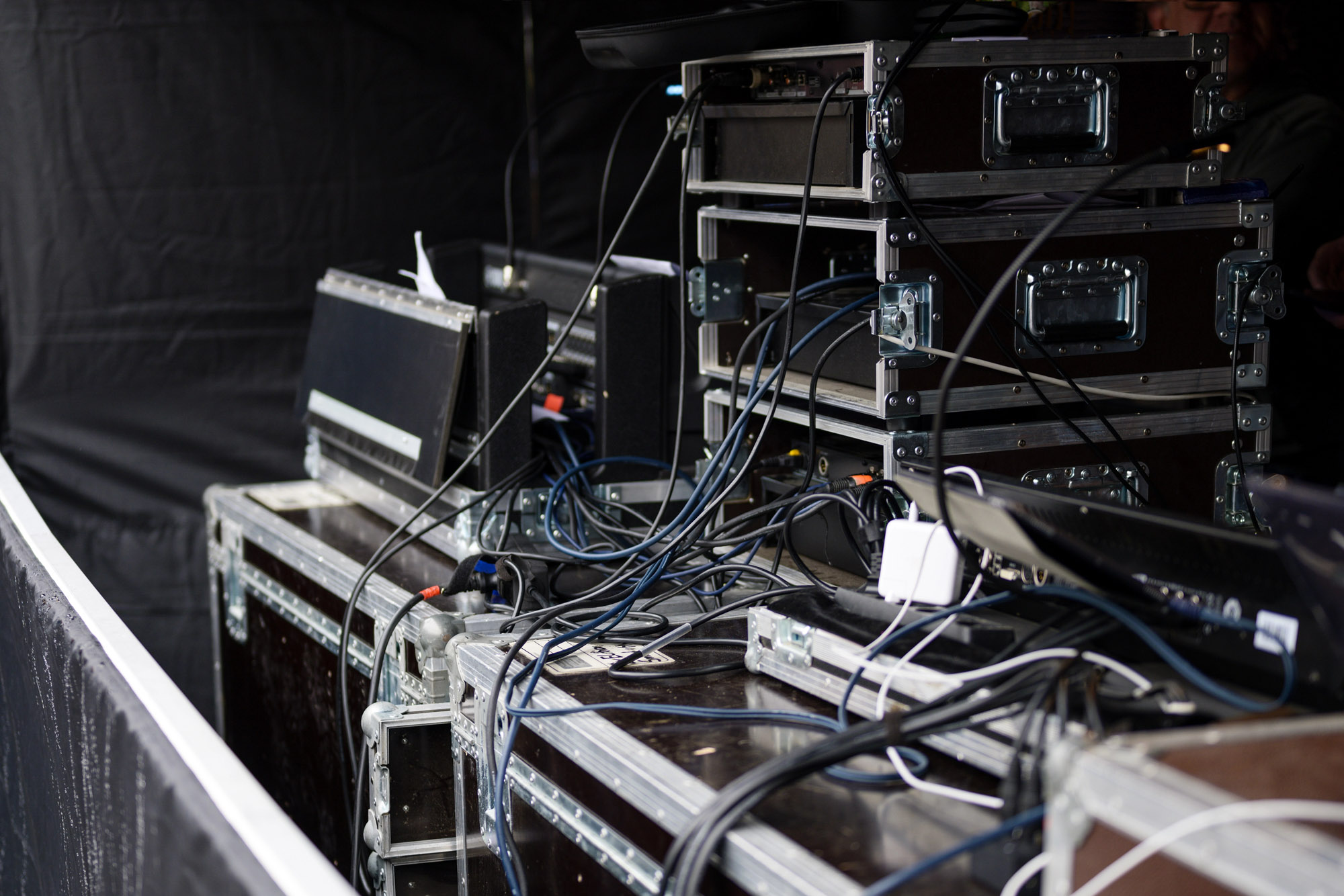 Backstage event equipment racks and cabling